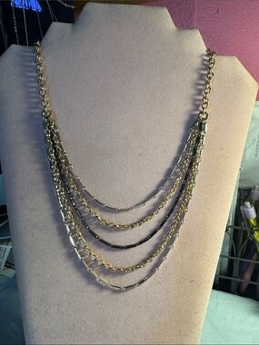 Mixed Metal Multi-Layer Chain Necklace - Gold & Silver plus black 10 1/2”